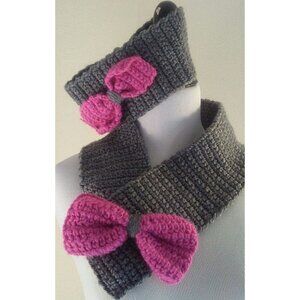 Handmade Scarf Set Matching Head Wrap Knit Ear Warmer Gray Pink Bow Closure